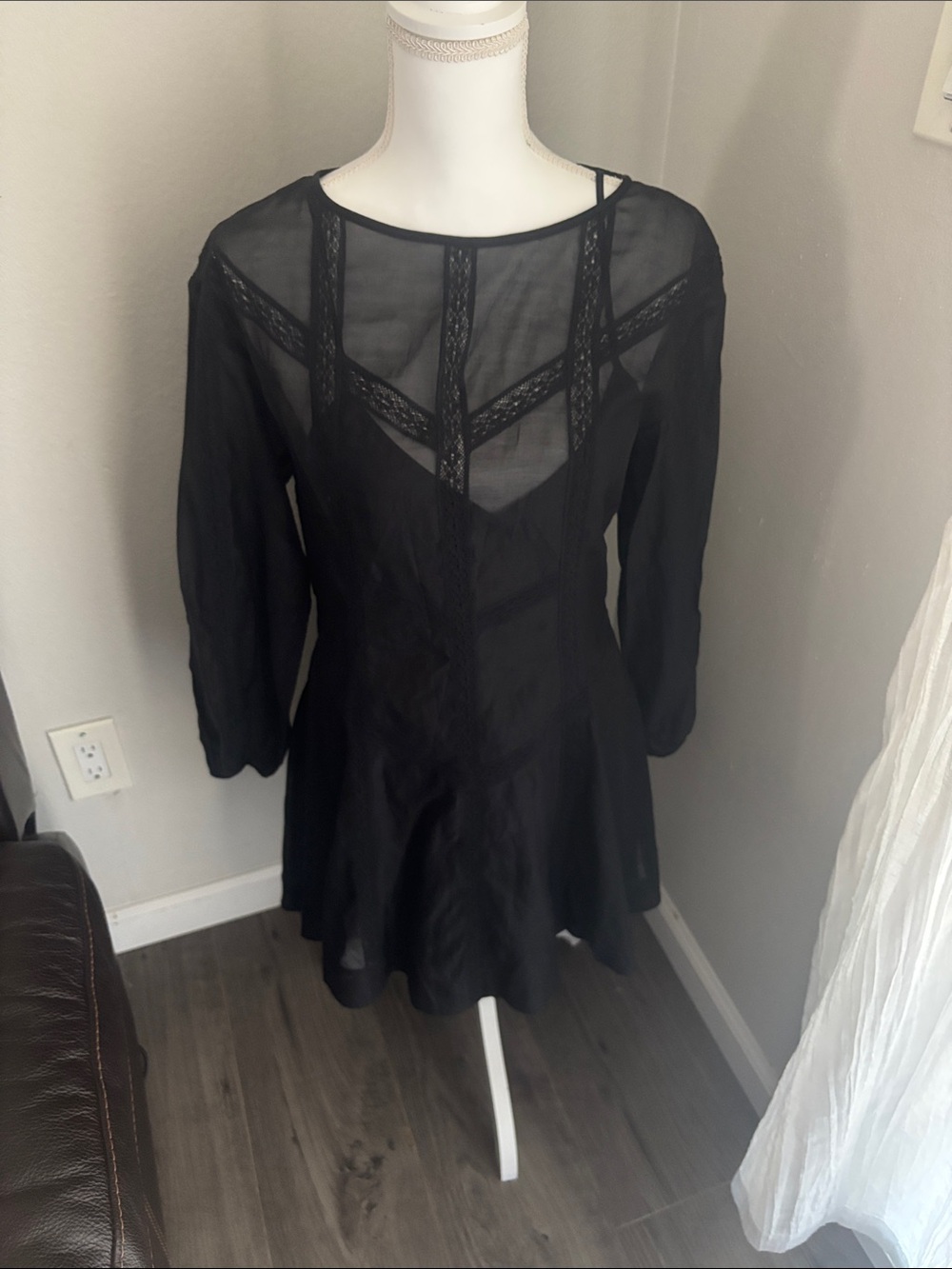 Rebecca Taylor Black Sheer Lace-Inset Tunic Dress